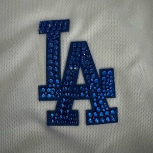 Blue Sequin LA Logo White Fabric